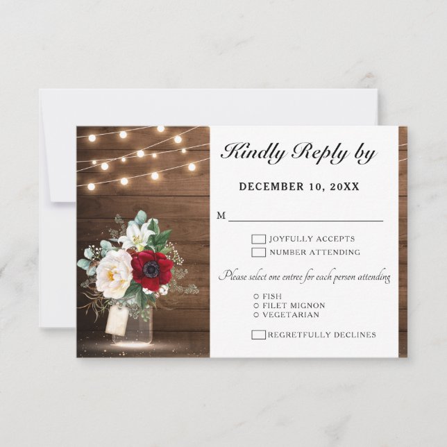 Cartons Réponse Bois rustique éclaire le Mariage Floral Bourgogne (Devant)