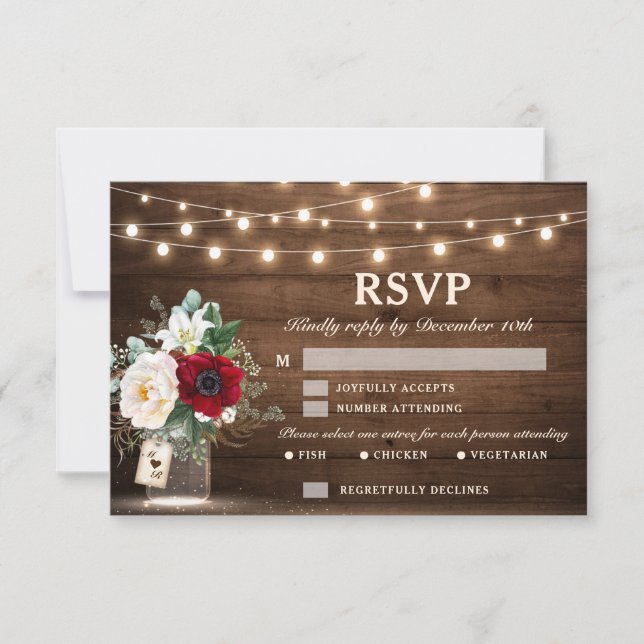 Cartons Réponse Bois rustique éclaire le Mariage Floral Bourgogne (Devant)
