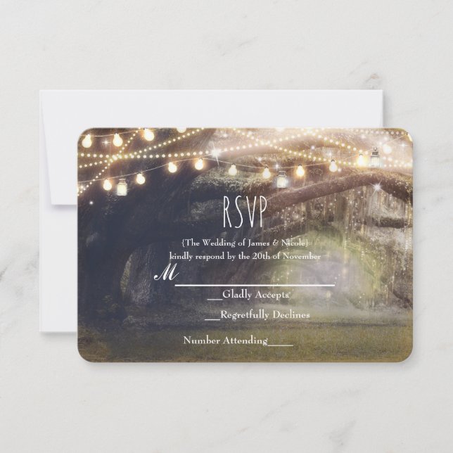 Cartons Réponse Bois Rustique Forêt Enchantée Lumières Mariage RSV (Devant)