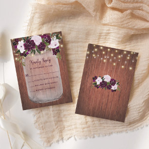 Cartons Réponse Bois rustique Mason Jar Plum Floral Mariage
