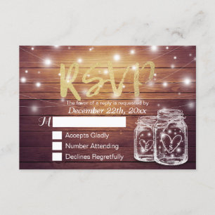 Cartons Réponse Bois rustique & Mason Jar String Lumières Mariage 