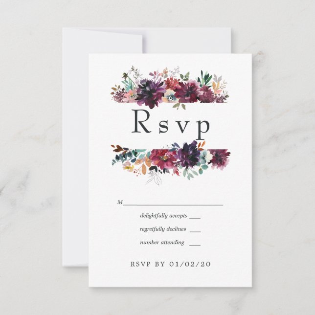 Cartons Réponse Bordo Violet Plum Aquarelle Mariage Floral (Devant)