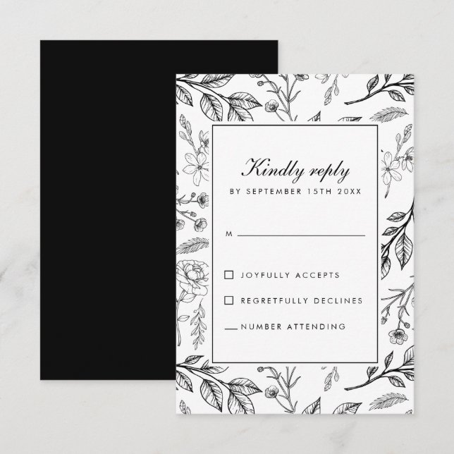 Cartons Réponse Botanique florale Mariage noir blanc (Devant / Derrière)