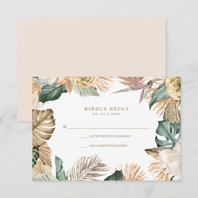 Cartons Réponse Botanique Tropical Floral Mauve Mariage (Devant / Derrière)