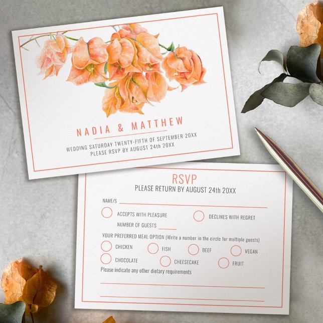Cartons Réponse Bougainvillea aquarelle orange blanc mariage repas (Créateur téléchargé)