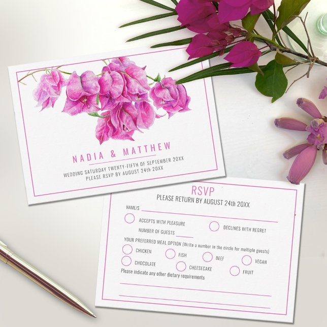Cartons Réponse Bougainvillea aquarelle rose blanc mariage repas (Créateur téléchargé)
