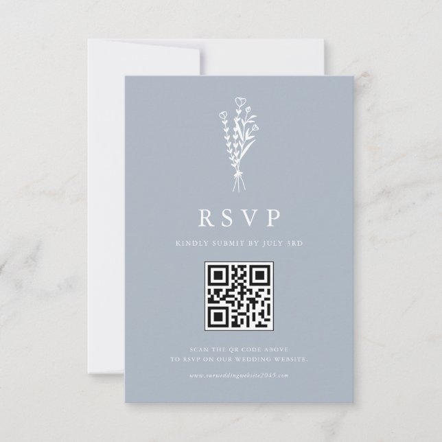 Cartons Réponse Bouquet minimal Dusty Blue QR Code Mariage (Devant)