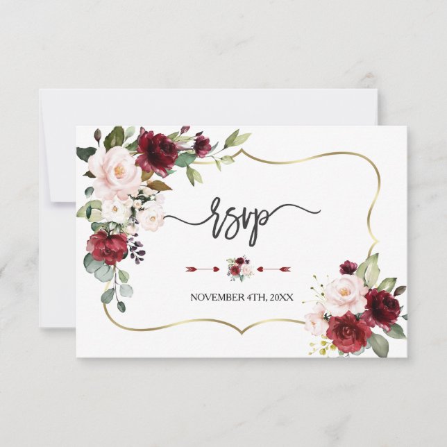 Cartons Réponse Bourgogne Blush Flowers Gold Frame Mariage (Devant)