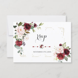 Cartons Réponse Bourgogne Blush Flowers Gold Parties scintillant  