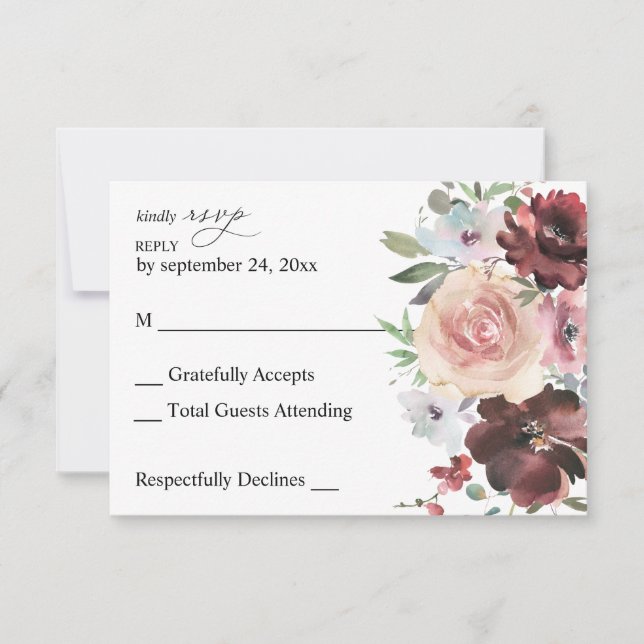 Cartons Réponse Bourgogne & Dusty Blush Pink 5 Floral no Repas (Devant)