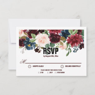 Cartons Réponse Bourgogne et bleu Mariage anglais Fleurs