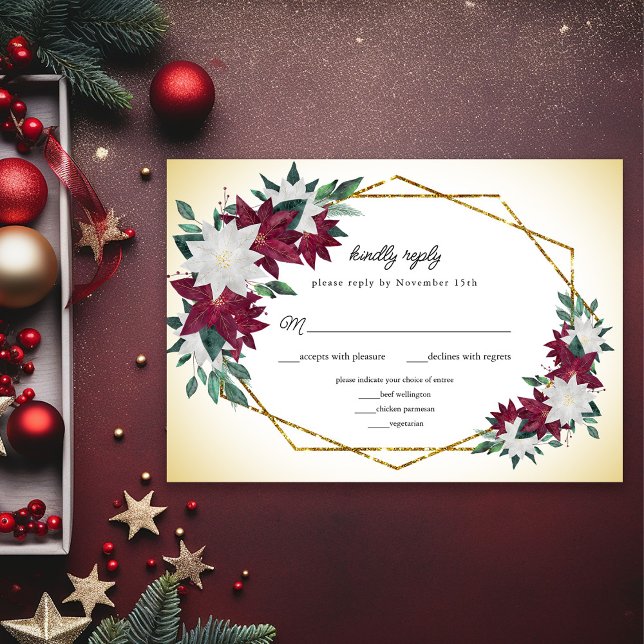 Cartons Réponse Bourgogne Poinsettias Gold Frame Mariage de Noël (Créateur téléchargé)