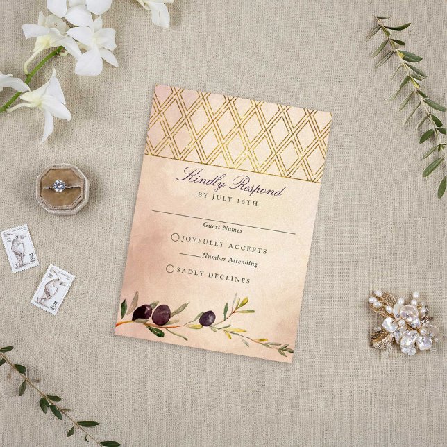 Cartons Réponse Branche d'olive italienne chic et treillis d'or (Tuscan Gold Lattice and Olive Branches RSVP Card)