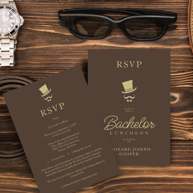 Cartons Réponse Brown Gold Chic Funny Gentleman Bachelor Luncheon (Brown & Fake Gold Chic Funny Gentleman Bachelor Luncheon RSVP Card.)
