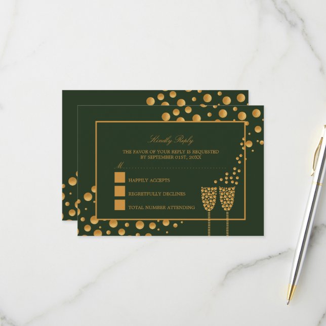 Cartons Réponse Bulles Champagne d'or - Vert & Or - Mariage (Devant/Arrière en situation)
