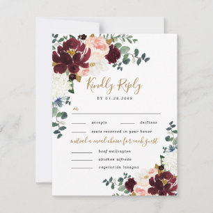 Cartons Réponse Burgundy Blush Gold Trois 3 repas Choice Mariage