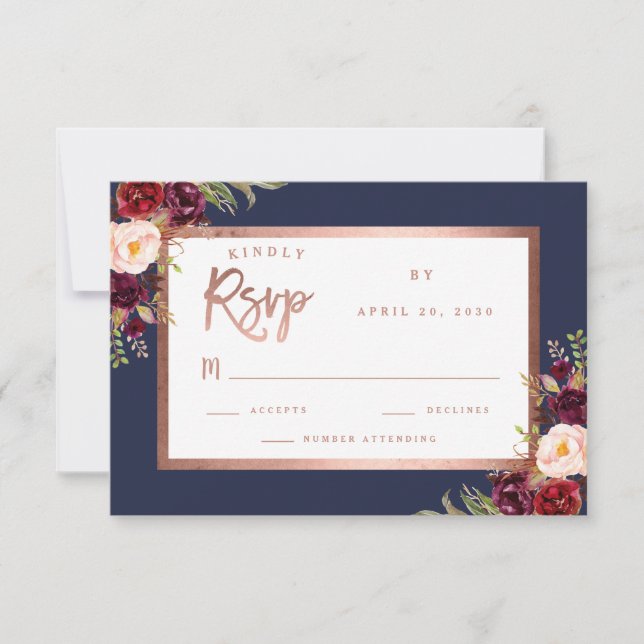 Cartons Réponse Burgundy Floral Navy Blue Rose Gold Script Mariage (Devant)