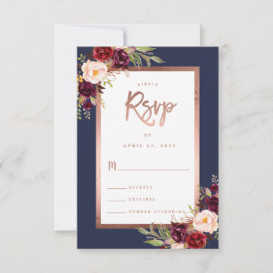 Cartons Réponse Burgundy Floral Navy Blue Rose Gold Script Mariage