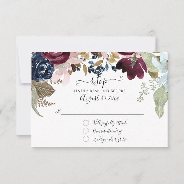 Cartons Réponse Burgundy Floral Navy Élégant Mariage Feuillage (Devant)