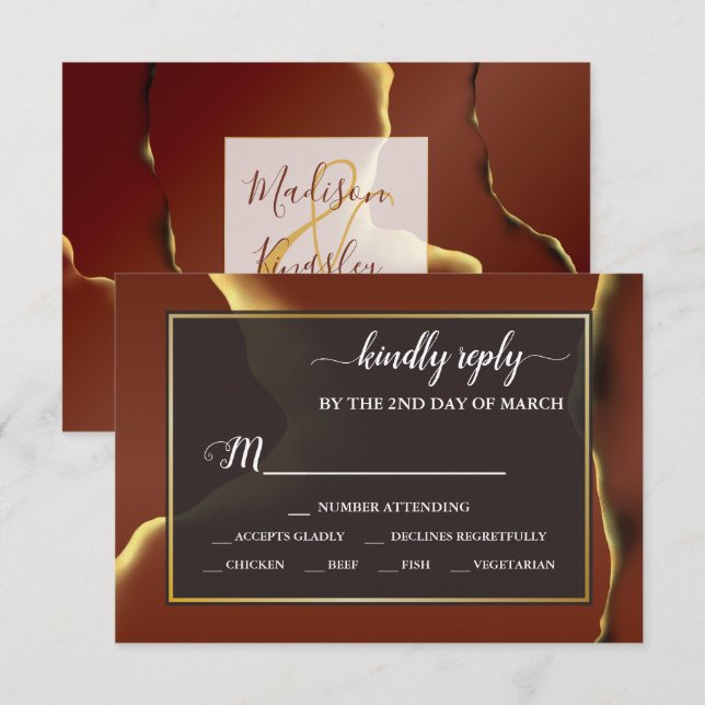 Cartons Réponse 🤵 Burgundy Gold Elegant Inky Mariage Abstrait (Devant / Derrière)