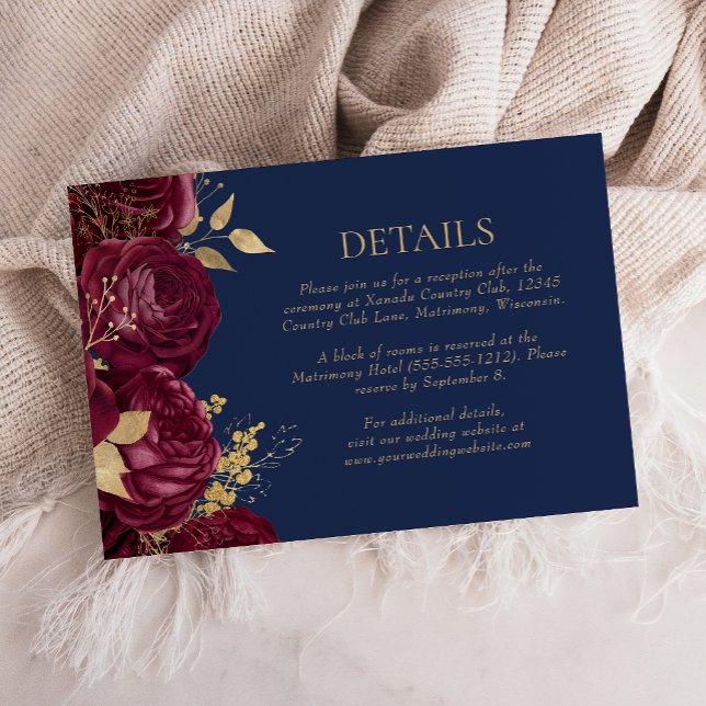 Cartons Réponse Burgundy Gold Floral Navy Blue Détails du Mariage (Créateur téléchargé)