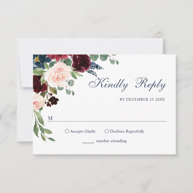 Cartons Réponse Burgundy Marine Bleu Aquarelle Bleu Mariage Floral (Devant)