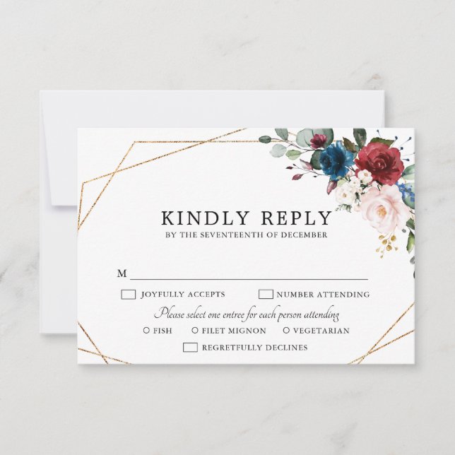 Cartons Réponse Burgundy Navy Blush Floral Gold Mariage géométriqu (Devant)