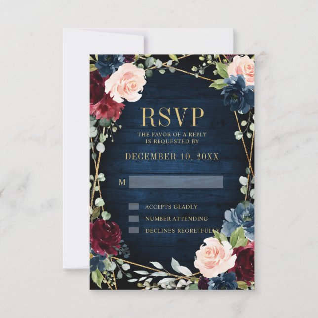 Cartons Réponse Burgundy Navy Blush Floral Mariage géométrique (Devant)