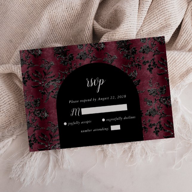 Cartons Réponse Burgundy Noir Damask Arch Dark Moody Mariage (Créateur téléchargé)