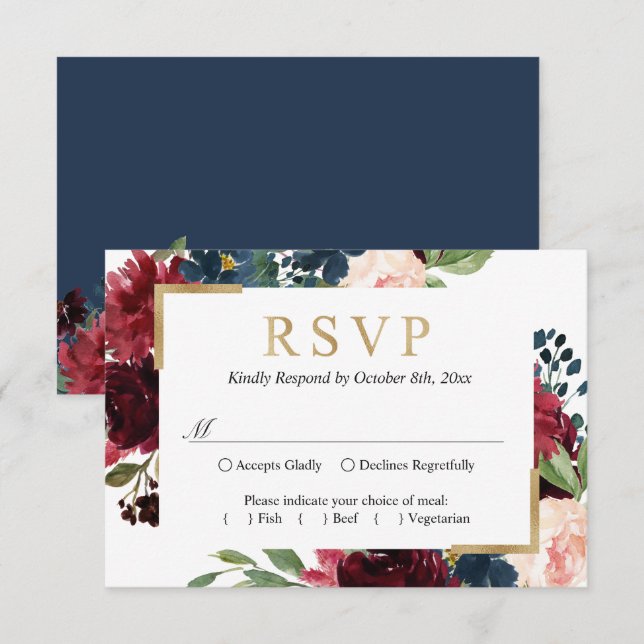 Cartons Réponse Burgundy Rouge Bleu Bleu Mariage Floral (Devant / Derrière)