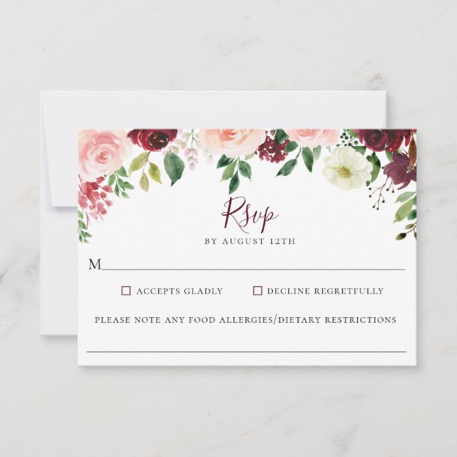 Cartons Réponse Burgundy Rouge Floral Mariage Alimentation Allergi (Devant)