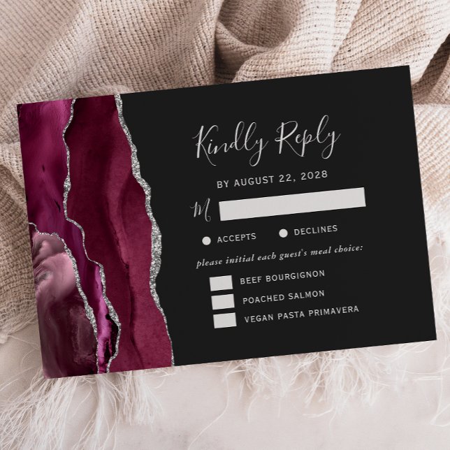 Cartons Réponse Burgundy Silver Agate Dark Meal Options Wedding (Créateur téléchargé)
