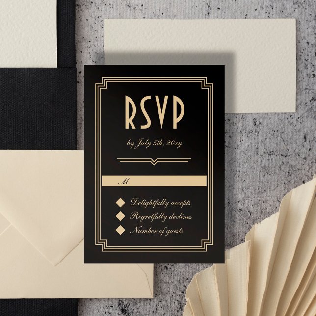 Cartons Réponse Cadre Art déco classique Mariage d'or noir (Créateur téléchargé)