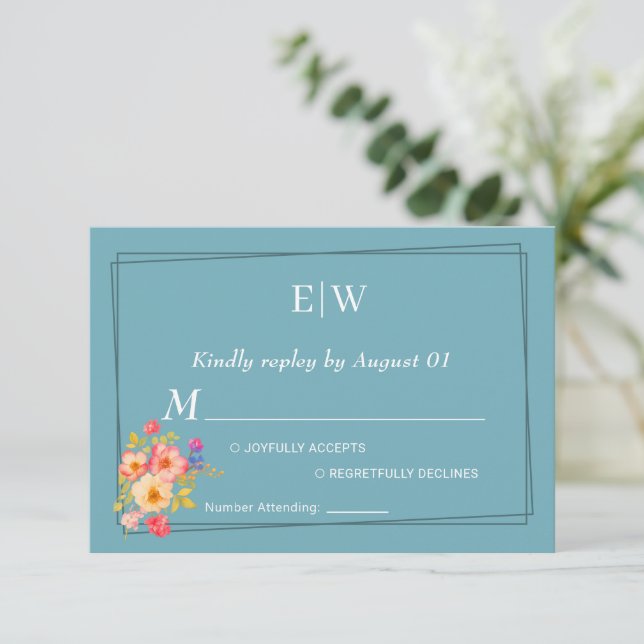 Cartons Réponse Cadre avec Rose, style Mariage sur bleu rétro (Debout devant)