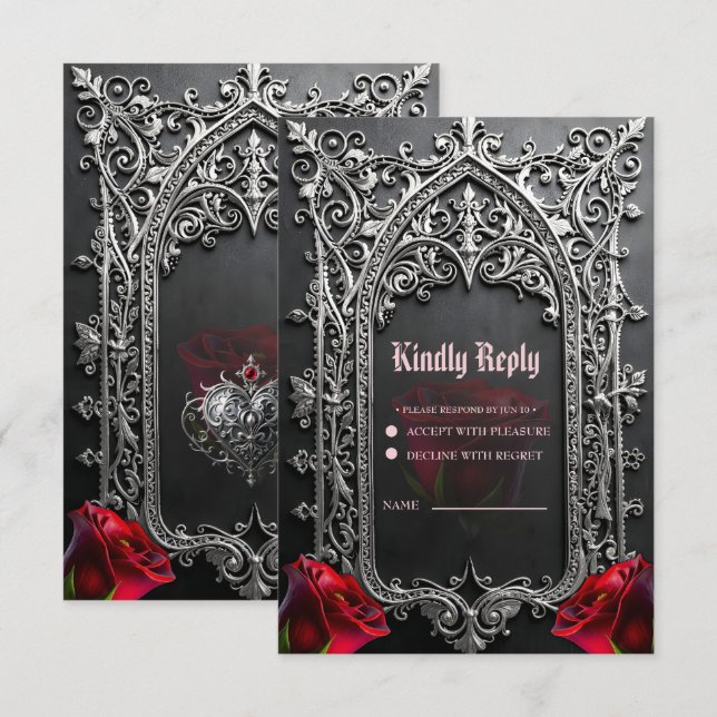 Cartons Réponse Cadre de rose de mariage gothique élégant (Devant / Derrière)