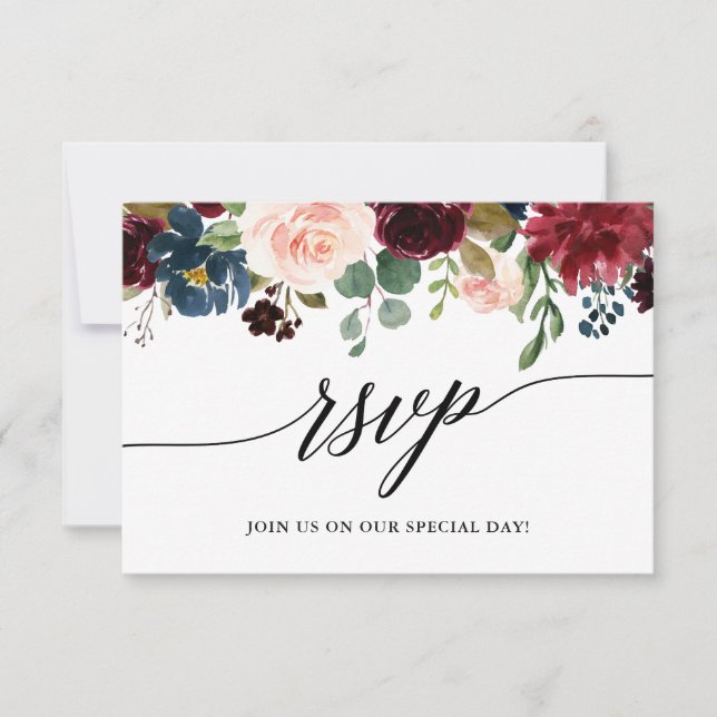 Cartons Réponse Calligraphie Burgundy Blue Floral Mariage (Devant)