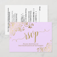 Calligraphie dorée élégante sur mariage lilas viol