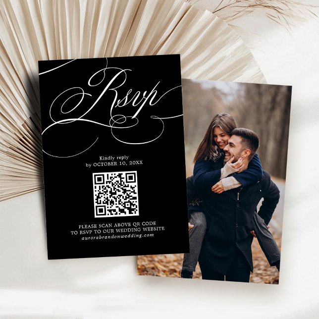 Cartons Réponse Calligraphie moderne code QR noir intemporel Photo (Modern calligraphy timeless Black QR code Photo RSVP Card)