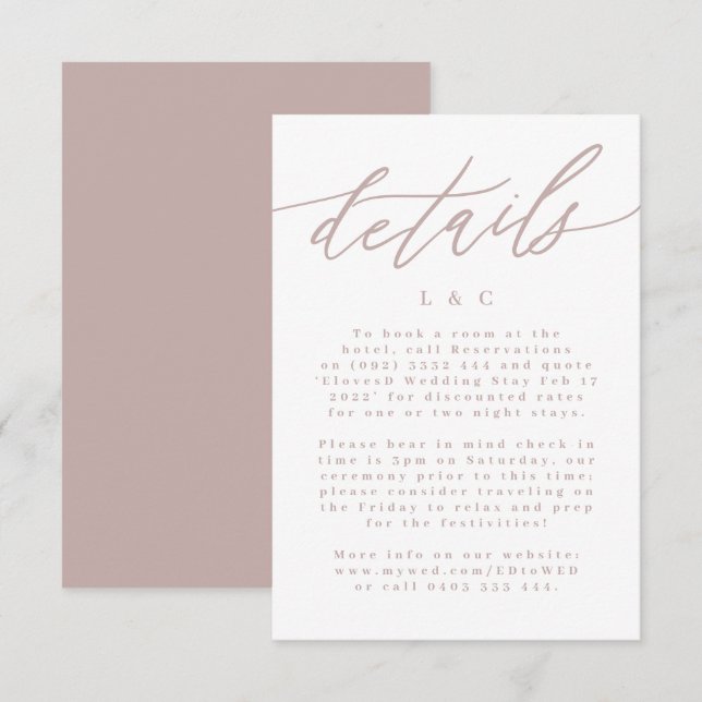 Cartons Réponse Calligraphie rose moderne Détails du Mariage (Devant / Derrière)