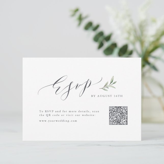 Cartons Réponse Calligraphie simple vert rustique mariage code QR (Debout devant)