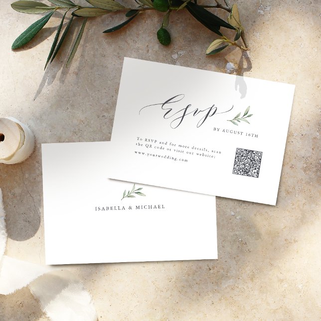 Cartons Réponse Calligraphie simple vert rustique mariage code QR (Simple calligraphy rustic greenery wedding QR code RSVP Card)