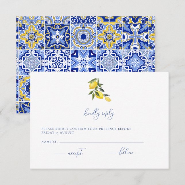 Cartons Réponse Carrelage bleu méditerranéen & Citrus Mariage cart (Devant / Derrière)
