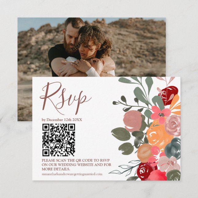 Cartons Réponse Cascade florale de chute rétro photo mariage QR RS (Devant / Derrière)