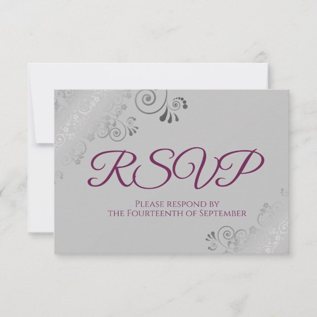 Cartons Réponse Cassis violet sur gris Élégant Mariage de dentelle (Devant)