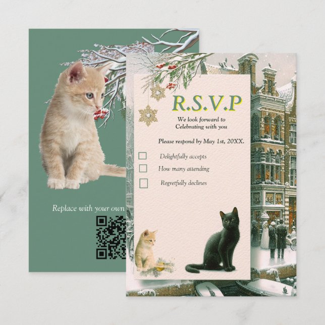 Cartons Réponse Célébrations d'hiver dans la neige, avec Kittens (Devant / Derrière)