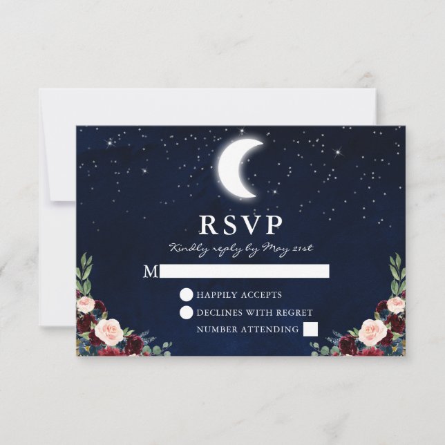 Cartons Réponse Céleste Mariage Blue Sky Moon Stars Floral (Devant)