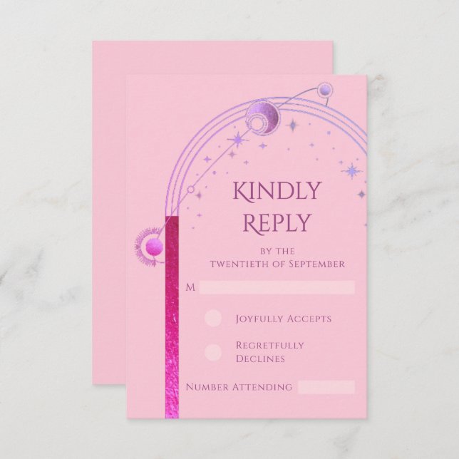 Cartons Réponse Céleste rose violet soleil Lune étoiles Mariage (Devant / Derrière)