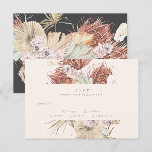 Cartons Réponse Charbon et crèmes | Pampas Mariage floral en laito (Devant / Derrière)