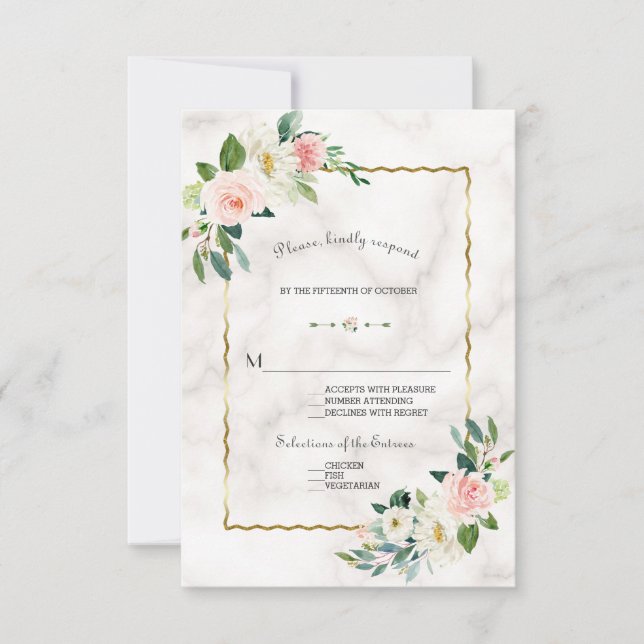 Cartons Réponse Charm Aquarelle Fleurs de Flush Mariage en marbre  (Devant)