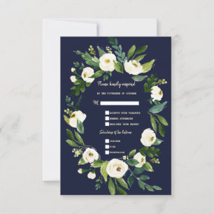 Cartons Réponse Charme Aquarelle Fleurs Blanches Mariage Bleu Fonc